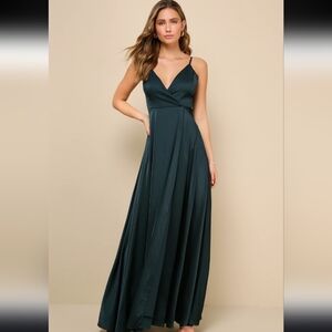 Lulus Ode To Love Emerald Green Satin Maxi Dress S
